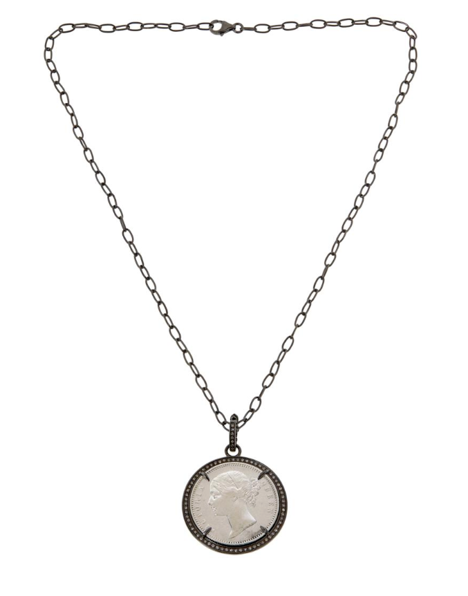 Sterling Silver Queen Victoria Silver Rupee Coin Diamond Accent Pendant Necklace