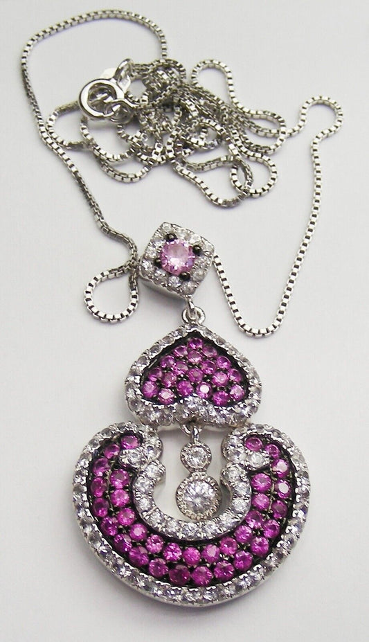 Sterling Silver Real Pink & White Sapphire Gemstone Statement Pendant Necklace