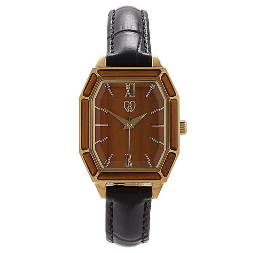 Tigers Eye Stainless Steel/Gold Tone Art Deco Style Watch with Leather Strap