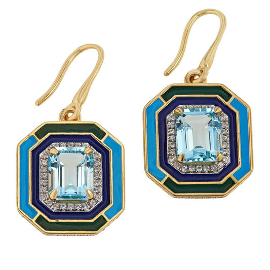 Vintage Art Deco Style Blue Topaz, Enamel Drop Earrings Goldtone Sterling Silver