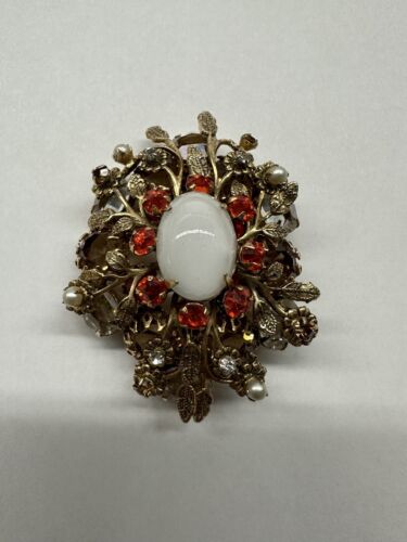 Vintage Schreiner Signed Moonstone Brooch/Pendant Orange, Brown Rhinestones, obo