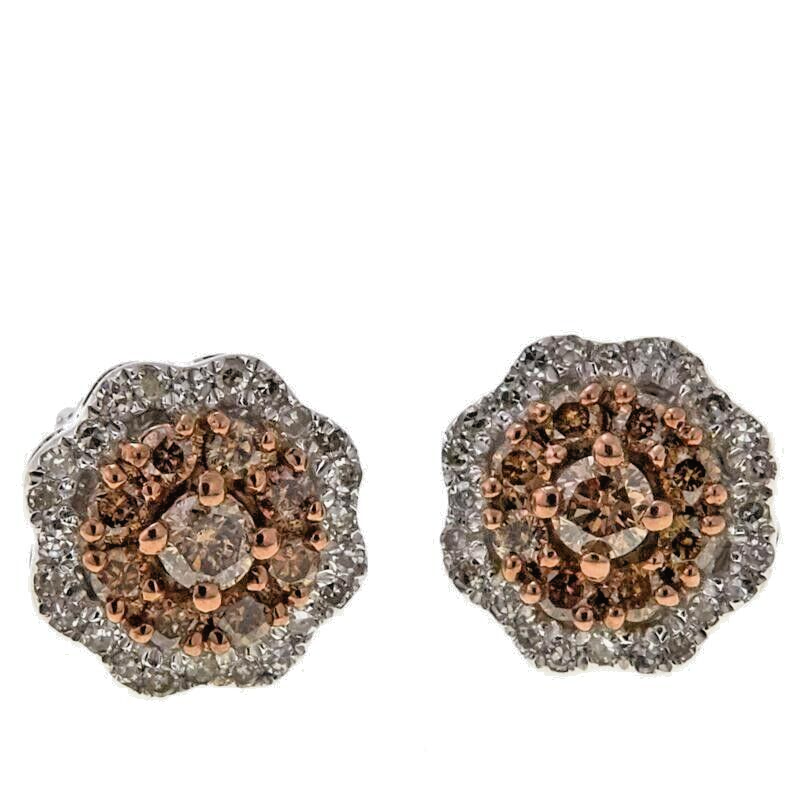 Womens Sterling Silver (.50ct) Champagne & White Diamond Pave Halo Stud Earrings