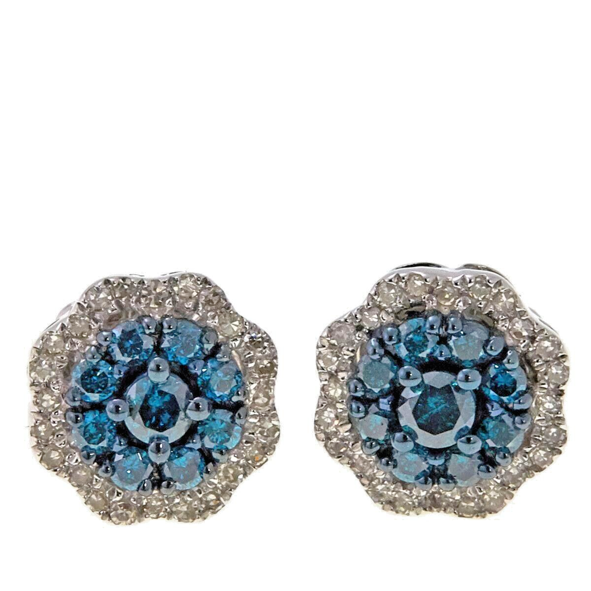 Womens Sterling Silver (0.50cttw) Blue & White Diamond Pave Halo Stud Earrings