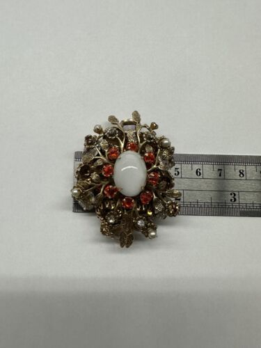 Vintage Schreiner Signed Moonstone Brooch/Pendant Orange, Brown Rhinestones, obo