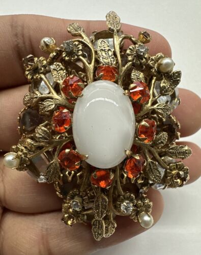 Vintage Schreiner Signed Moonstone Brooch/Pendant Orange, Brown Rhinestones, obo