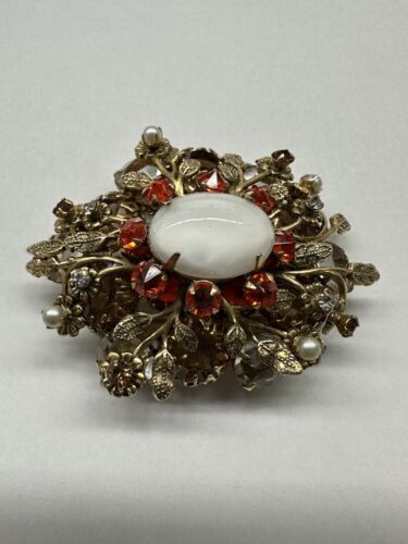 Vintage Schreiner Signed Moonstone Brooch/Pendant Orange, Brown Rhinestones, obo