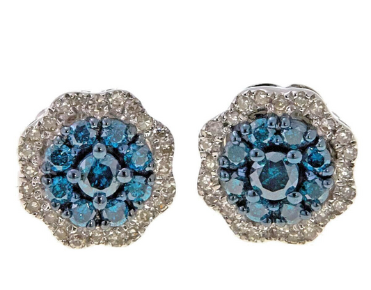 Womens Sterling Silver (0.50cttw) Blue & White Diamond Pave Halo Stud Earrings