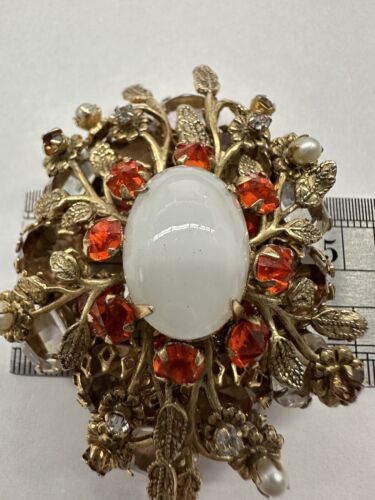 Vintage Schreiner Signed Moonstone Brooch/Pendant Orange, Brown Rhinestones, obo